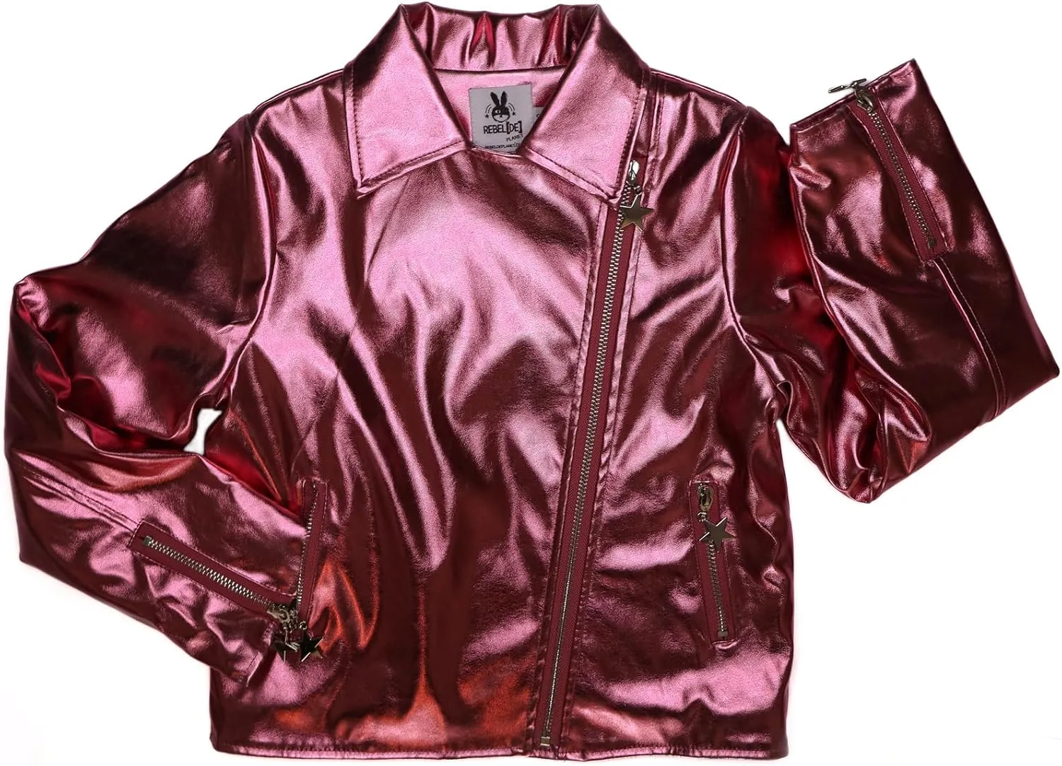 Girls Metallic Jacket, Silver/Pink Faux Leather Biker Jacket with Rainbow Heart Patch, Side Pockets