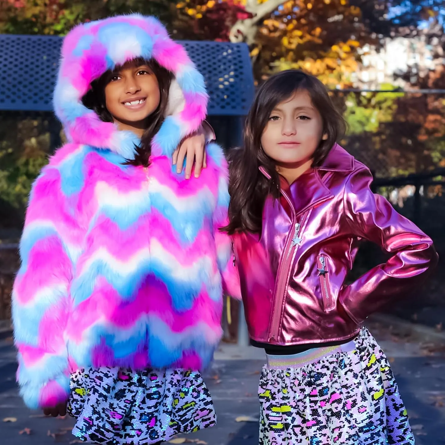 Girls Metallic Jacket, Silver/Pink Faux Leather Biker Jacket with Rainbow Heart Patch, Side Pockets