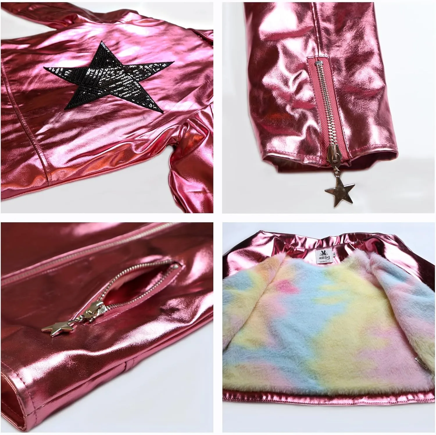 Girls Metallic Jacket, Silver/Pink Faux Leather Biker Jacket with Rainbow Heart Patch, Side Pockets
