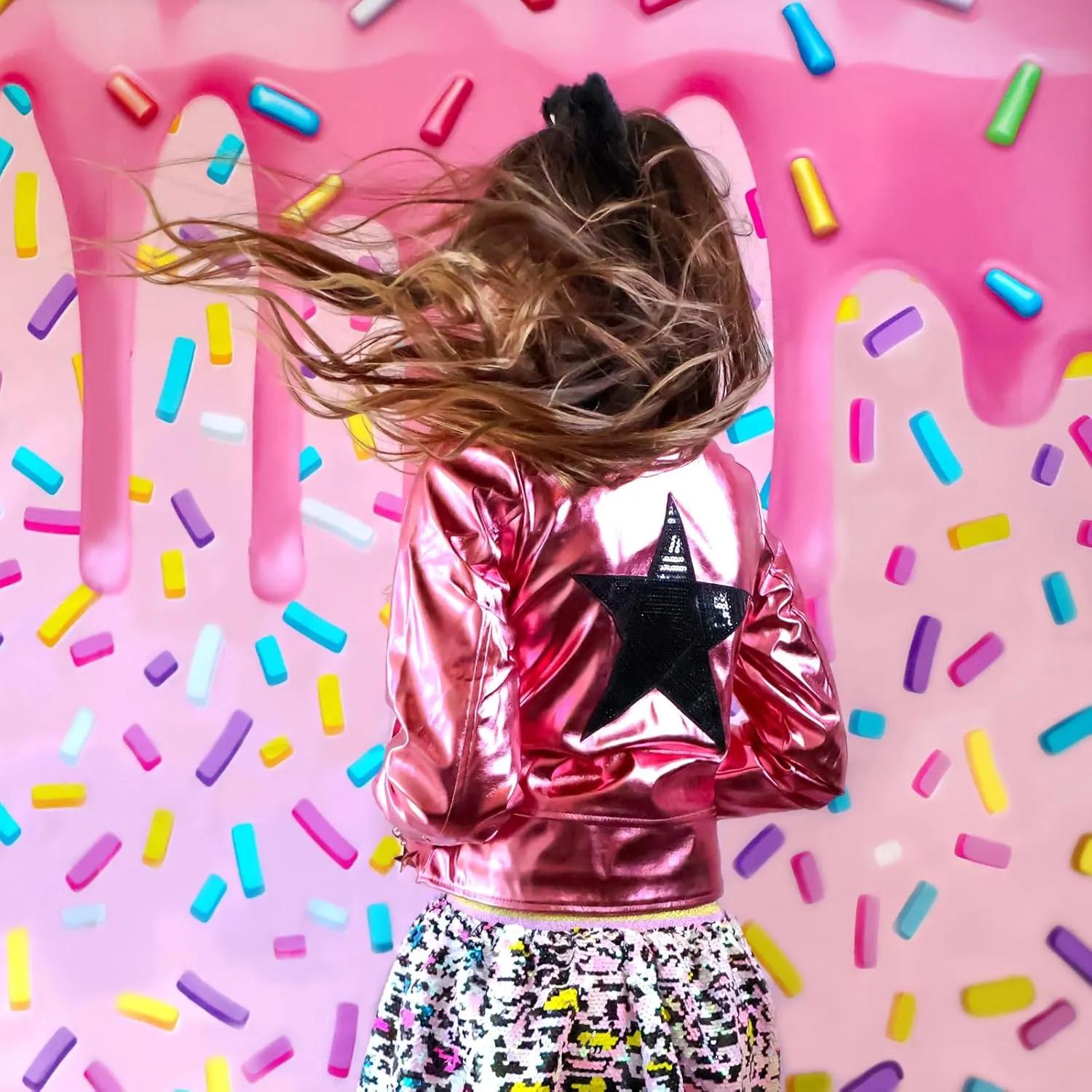 Girls Metallic Jacket, Silver/Pink Faux Leather Biker Jacket with Rainbow Heart Patch, Side Pockets