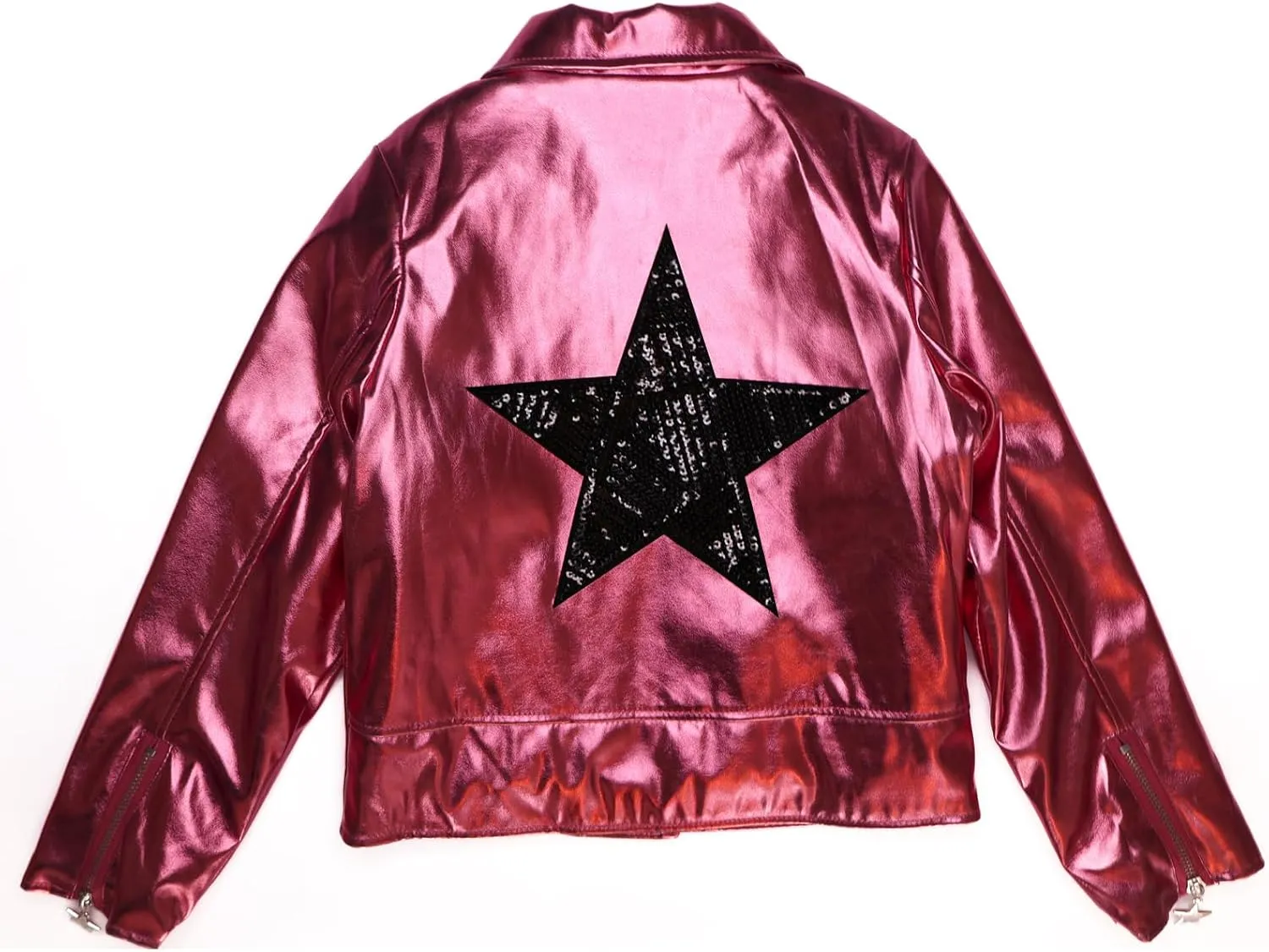 Girls Metallic Jacket, Silver/Pink Faux Leather Biker Jacket with Rainbow Heart Patch, Side Pockets