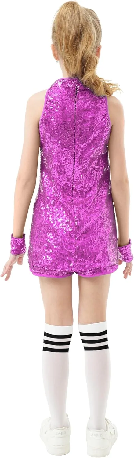 Girls Sequins Dance Outfit Dress Kids Sparkle Jazz Singer Star Costume Top Shorts 4PCS Set 3-14 Years