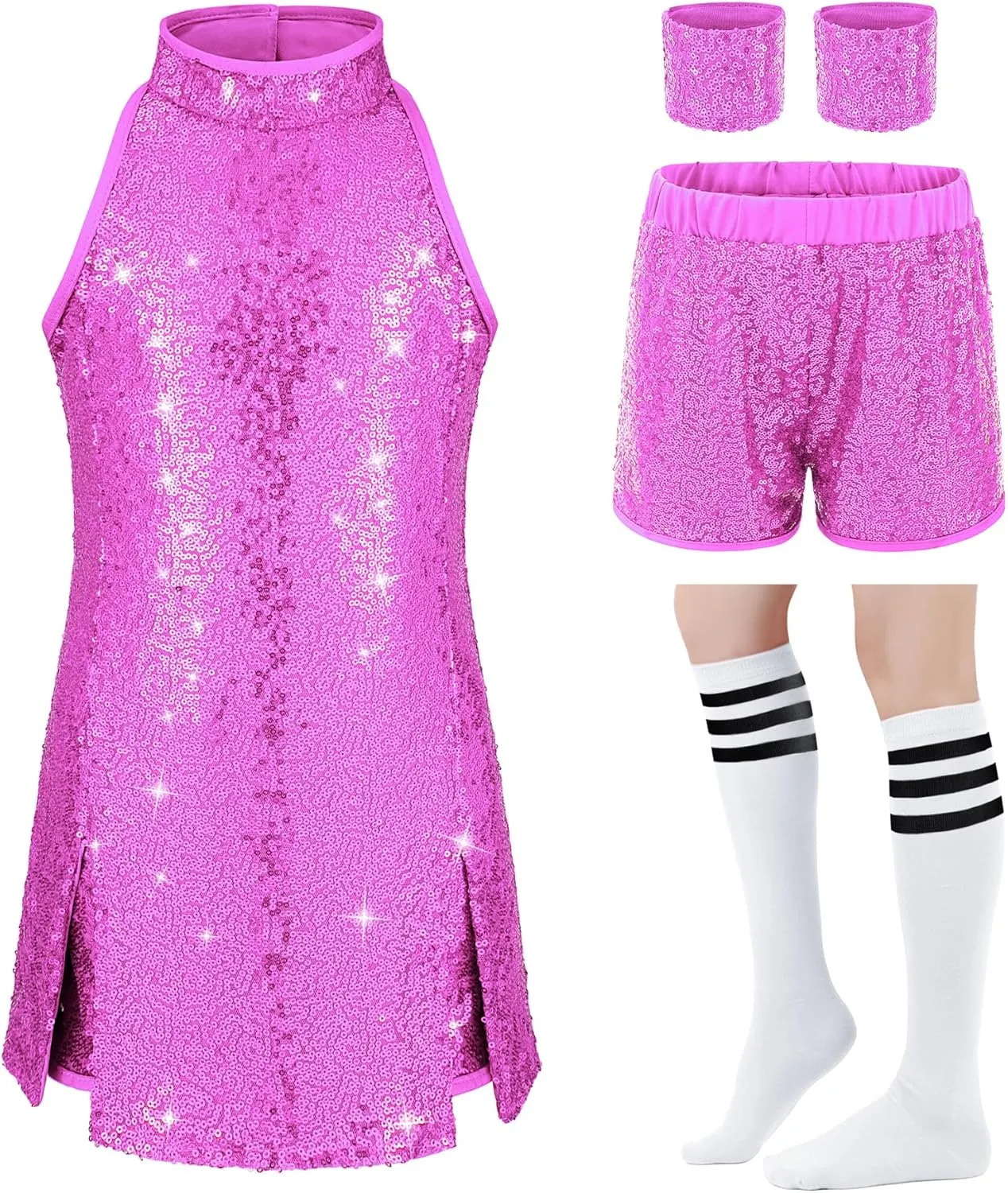 Girls Sequins Dance Outfit Dress Kids Sparkle Jazz Singer Star Costume Top Shorts 4PCS Set 3-14 Years