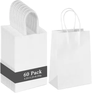 GITMIWS 60 Pack Small White Paper Gift Bags, 5.25x3.25x8.25Inch Kraft Bags with Handles, Perfect for Small Business, Birthday Party Favors, Retail, Merchandise