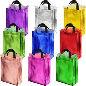 GITMIWS Sparkle Gift Bags with Tissues – Set of 9 Mix Color Reusable Gift Bags Medium size - Ideal as Goodie Bag, Birthday, Wedding Gift Bag, Party Favor Bags