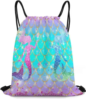Glitter Cute Mermaid Scales Drawstring Bags Drawstring Backpack Casual Knapsack Gym Bag