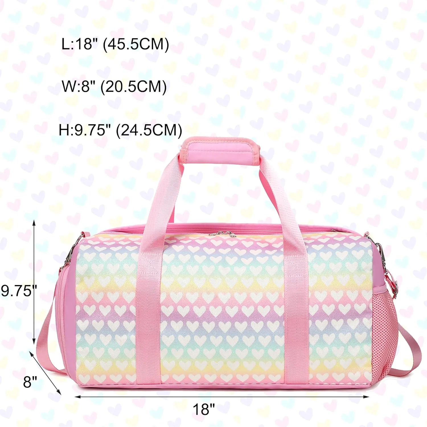 Glitter Dance Bag for Girls Duffle Bags Girls Overnight Bags Sleepover Gym Gymnastics Bag with Shoe Compartment and Wet Pocket,Heart Pattern