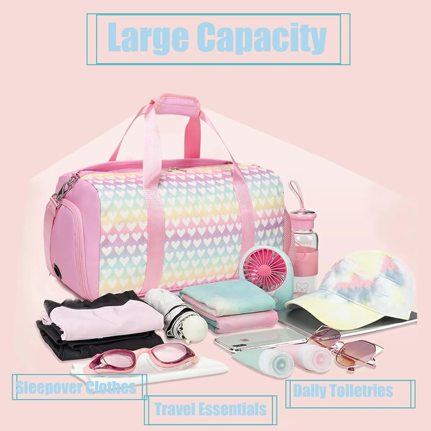 Glitter Dance Bag for Girls Duffle Bags Girls Overnight Bags Sleepover Gym Gymnastics Bag with Shoe Compartment and Wet Pocket,Heart Pattern