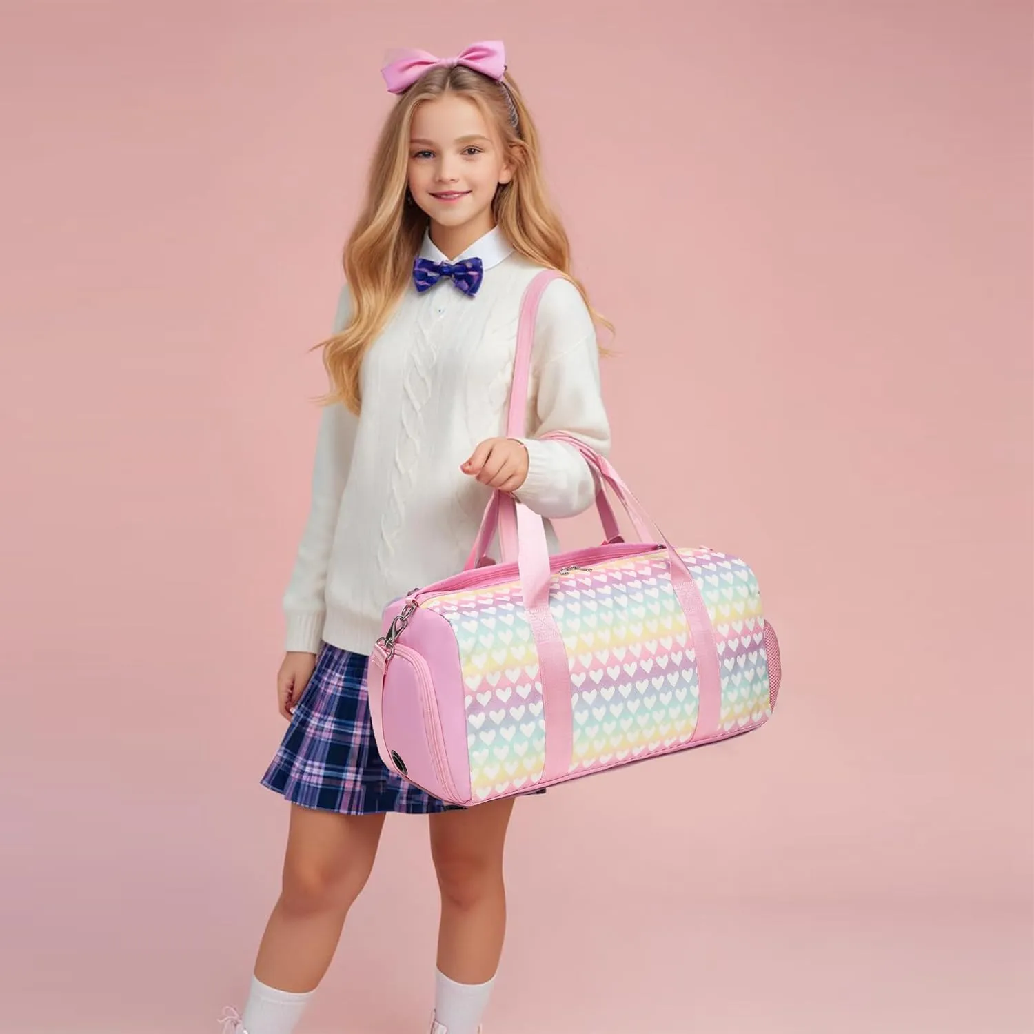 Glitter Dance Bag for Girls Duffle Bags Girls Overnight Bags Sleepover Gym Gymnastics Bag with Shoe Compartment and Wet Pocket,Heart Pattern