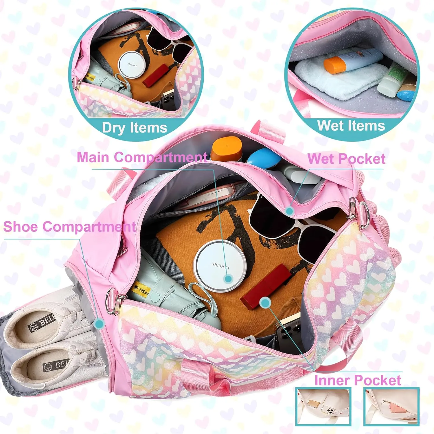Glitter Dance Bag for Girls Duffle Bags Girls Overnight Bags Sleepover Gym Gymnastics Bag with Shoe Compartment and Wet Pocket,Heart Pattern