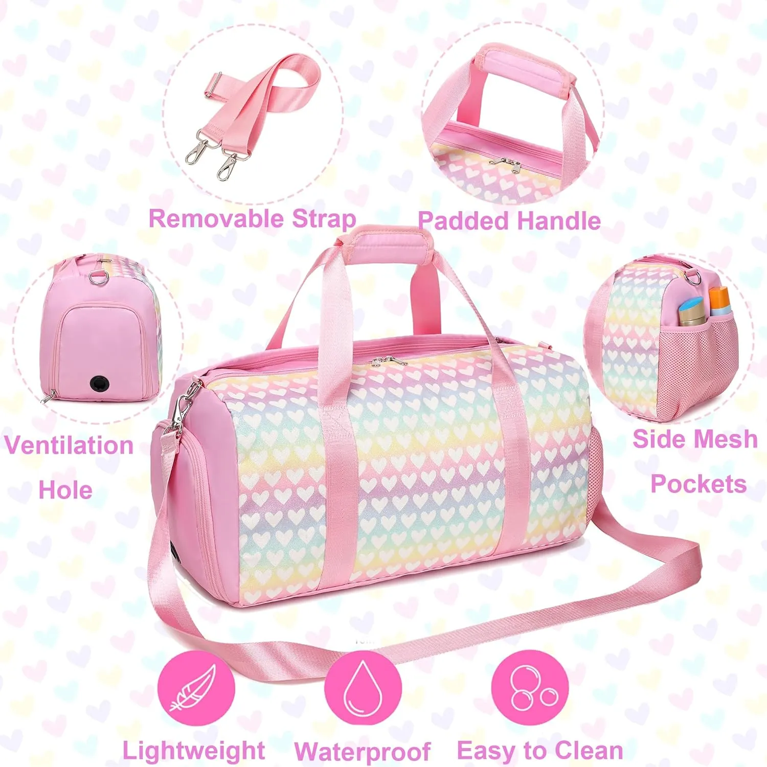 Glitter Dance Bag for Girls Duffle Bags Girls Overnight Bags Sleepover Gym Gymnastics Bag with Shoe Compartment and Wet Pocket,Heart Pattern