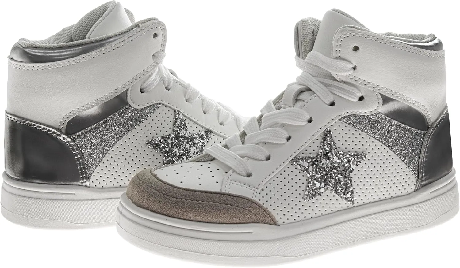 Glittery High Top Sneakers for Kids - Starry Star Sneaker Lace Up Shoes Casual Footwear - White Silver Pink (Sizes Little Kid - Big Kid)