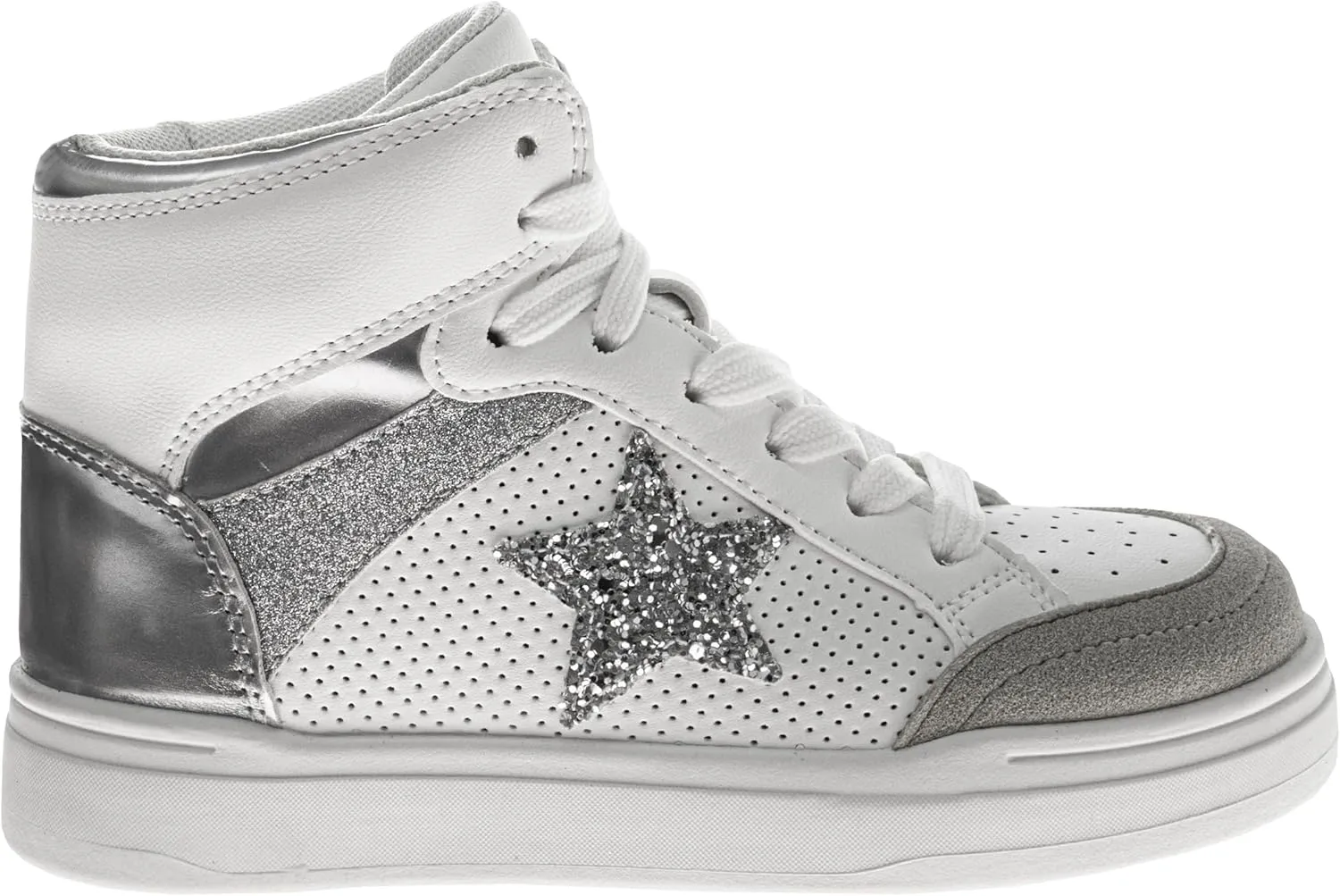 Glittery High Top Sneakers for Kids - Starry Star Sneaker Lace Up Shoes Casual Footwear - White Silver Pink (Sizes Little Kid - Big Kid)
