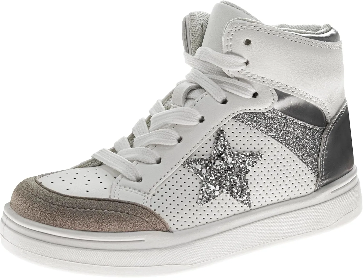 Glittery High Top Sneakers for Kids - Starry Star Sneaker Lace Up Shoes Casual Footwear - White Silver Pink (Sizes Little Kid - Big Kid)