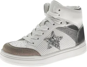 Glittery High Top Sneakers for Kids - Starry Star Sneaker Lace Up Shoes Casual Footwear - White Silver Pink (Sizes Little Kid - Big Kid)