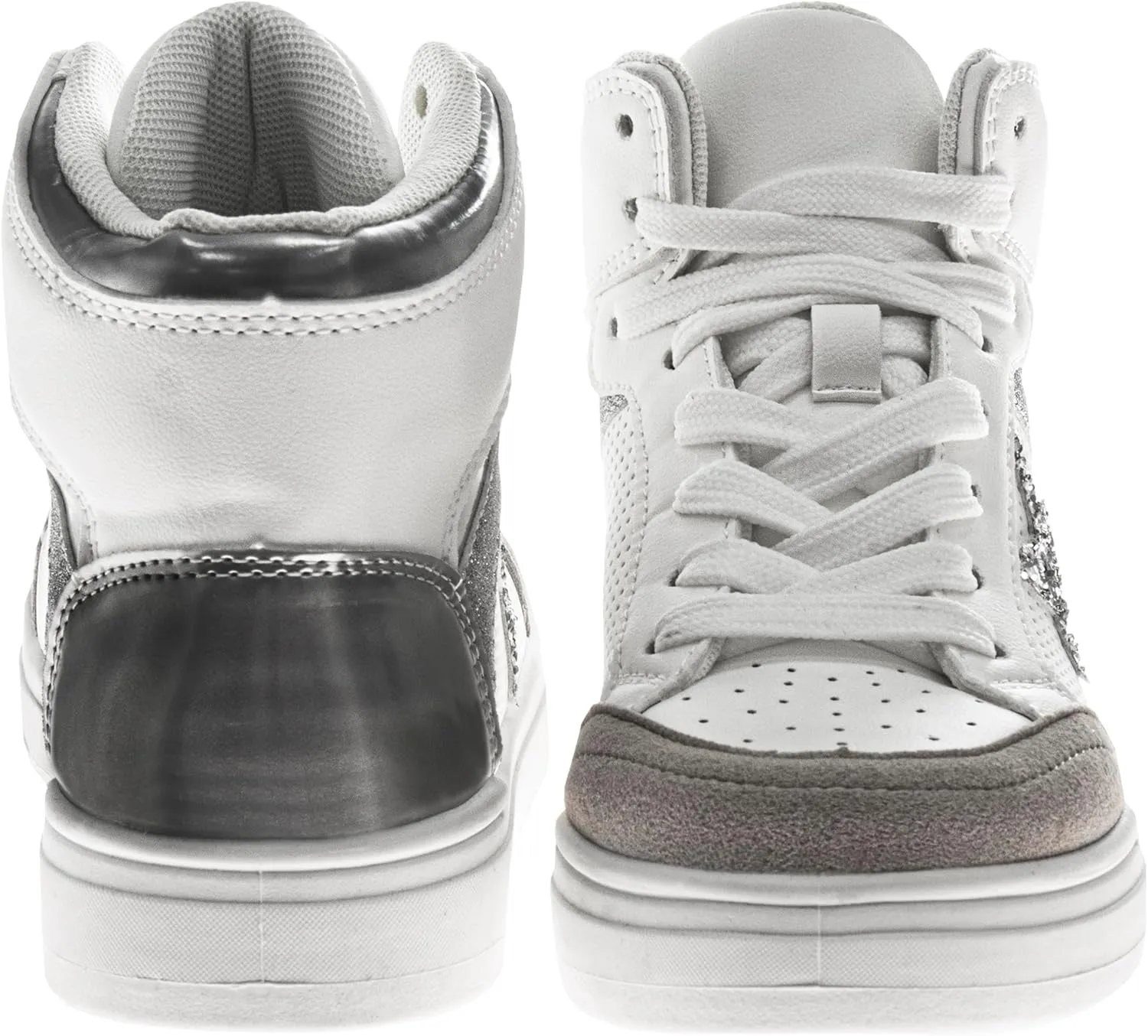 Glittery High Top Sneakers for Kids - Starry Star Sneaker Lace Up Shoes Casual Footwear - White Silver Pink (Sizes Little Kid - Big Kid)