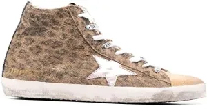 Golden Goose Francy Leopard Print Suede Upper Suede Toe Laminated Star Glitter List Womens Sneaker, Brown, 8 Narrow