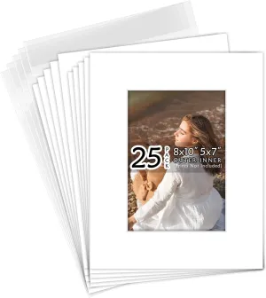 Golden State Art, Acid-Free, Pack of 25, 8x10 White Picture Mats Mattes with White Core Bevel Cut for 5x7 Photo   Backing   Bags