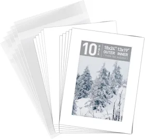 Golden State Art, Pack of 10, Pre-Cut 18x24 White Picture Mat Kit for 13x19 Photo, 10 White Core Bevel Cut Mattes, 10 Backing Boards and 10 Clear Bags
