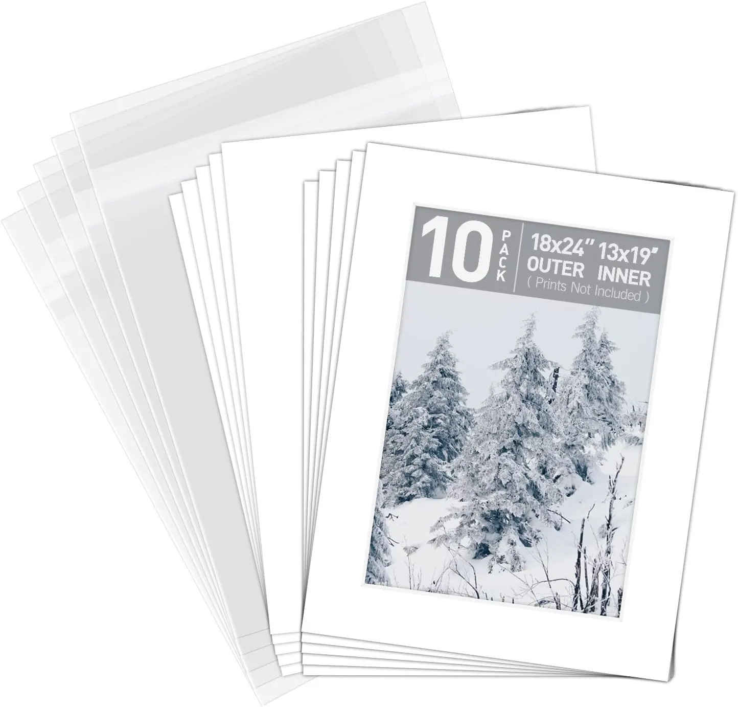 Golden State Art, Pack of 10, Pre-Cut 18x24 White Picture Mat Kit for 13x19 Photo, 10 White Core Bevel Cut Mattes, 10 Backing Boards and 10 Clear Bags