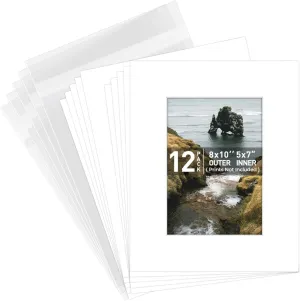 Golden State Art, Pack of 12 8x10 White Picture Mats Mattes with White Core Bevel Cut for 5x7 Photo   Backing   Bags