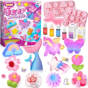 Golray Soap Making Craft Kit for Kids Girl Toys, Make 40 Pcs  Soap Supplies with Unicorn/Mermaid/Butterfly Model, 2 Essential Oil, DIY Science Art and Craft Kit for Kid Girl Age 5-7 8-12 Year Old Gift