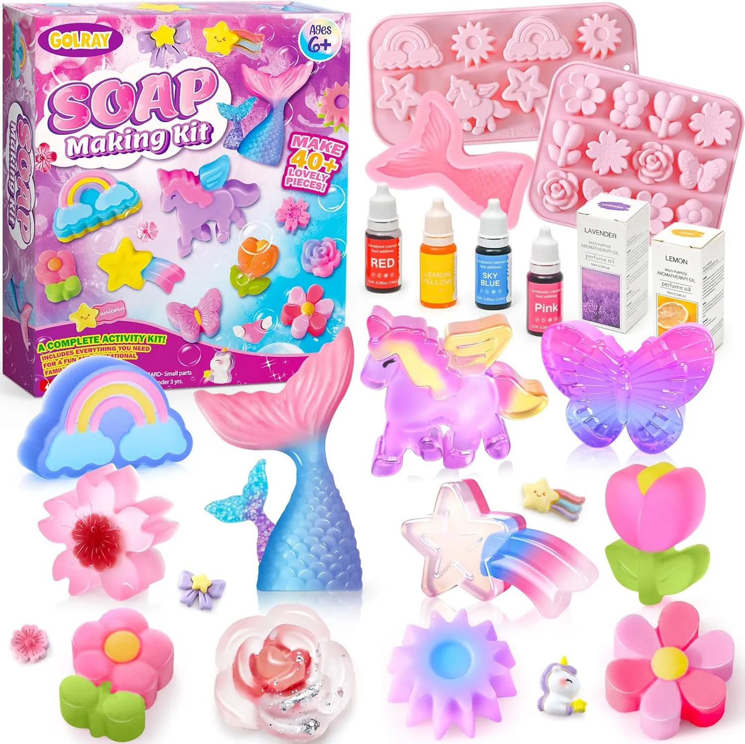 Golray Soap Making Craft Kit for Kids Girl Toys, Make 40 Pcs  Soap Supplies with Unicorn/Mermaid/Butterfly Model, 2 Essential Oil, DIY Science Art and Craft Kit for Kid Girl Age 5-7 8-12 Year Old Gift