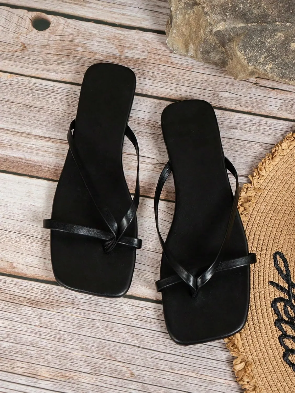 GORGLITTER Women's Strappy Square Toe Sandals Dressy Summer Cute Thong Sandals Flip Flops
