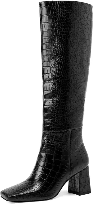 GOSERCE Women's Knee High Boots Chunky Heel Square Toe High Heel Tall Long GoGo Boots Faux Crocodile Boots Block Heel Riding Boot for Women