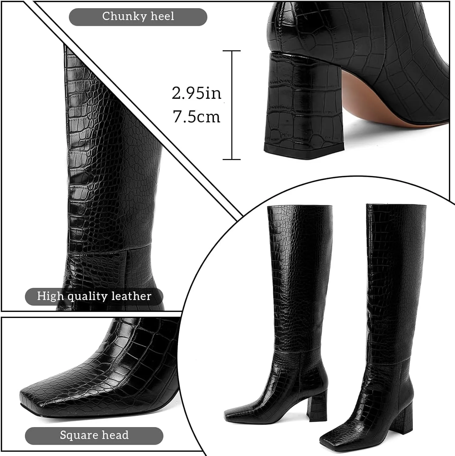 GOSERCE Women's Knee High Boots Chunky Heel Square Toe High Heel Tall Long GoGo Boots Faux Crocodile Boots Block Heel Riding Boot for Women