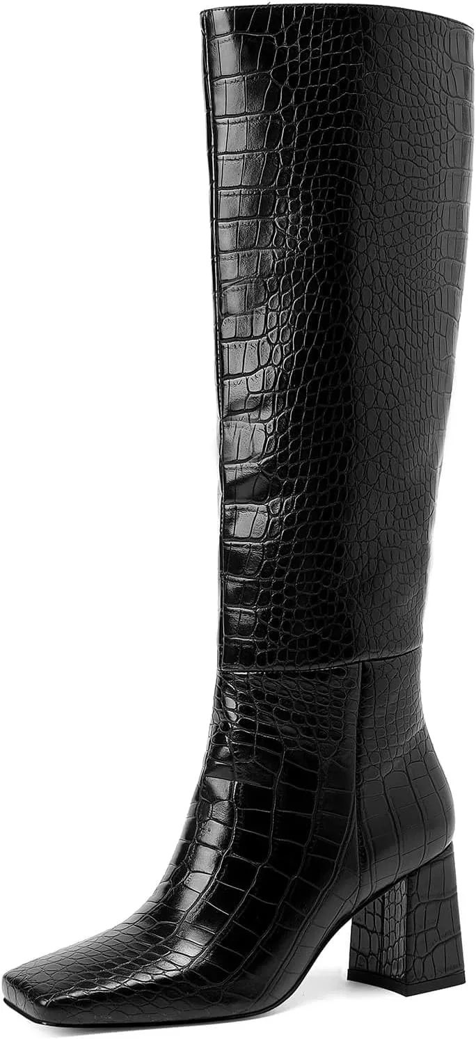 GOSERCE Women's Knee High Boots Chunky Heel Square Toe High Heel Tall Long GoGo Boots Faux Crocodile Boots Block Heel Riding Boot for Women