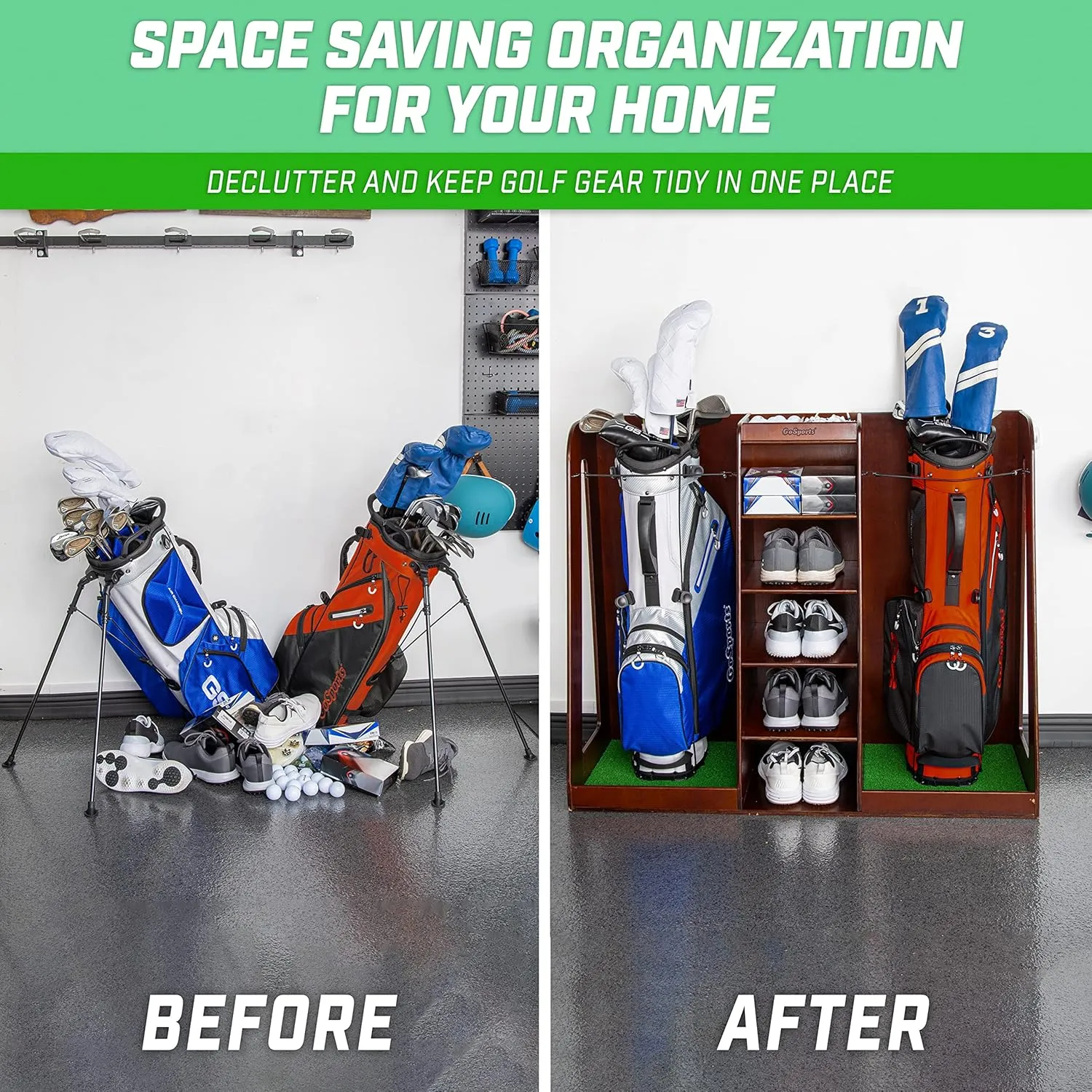 GoSports Premium Wooden Golf Bag Organizer and Storage Rack - Black, White or Brown Finish - Holds 2 Golf Bags