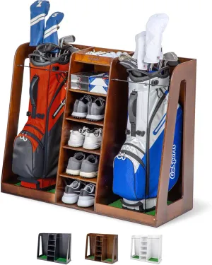 GoSports Premium Wooden Golf Bag Organizer and Storage Rack - Black, White or Brown Finish - Holds 2 Golf Bags
