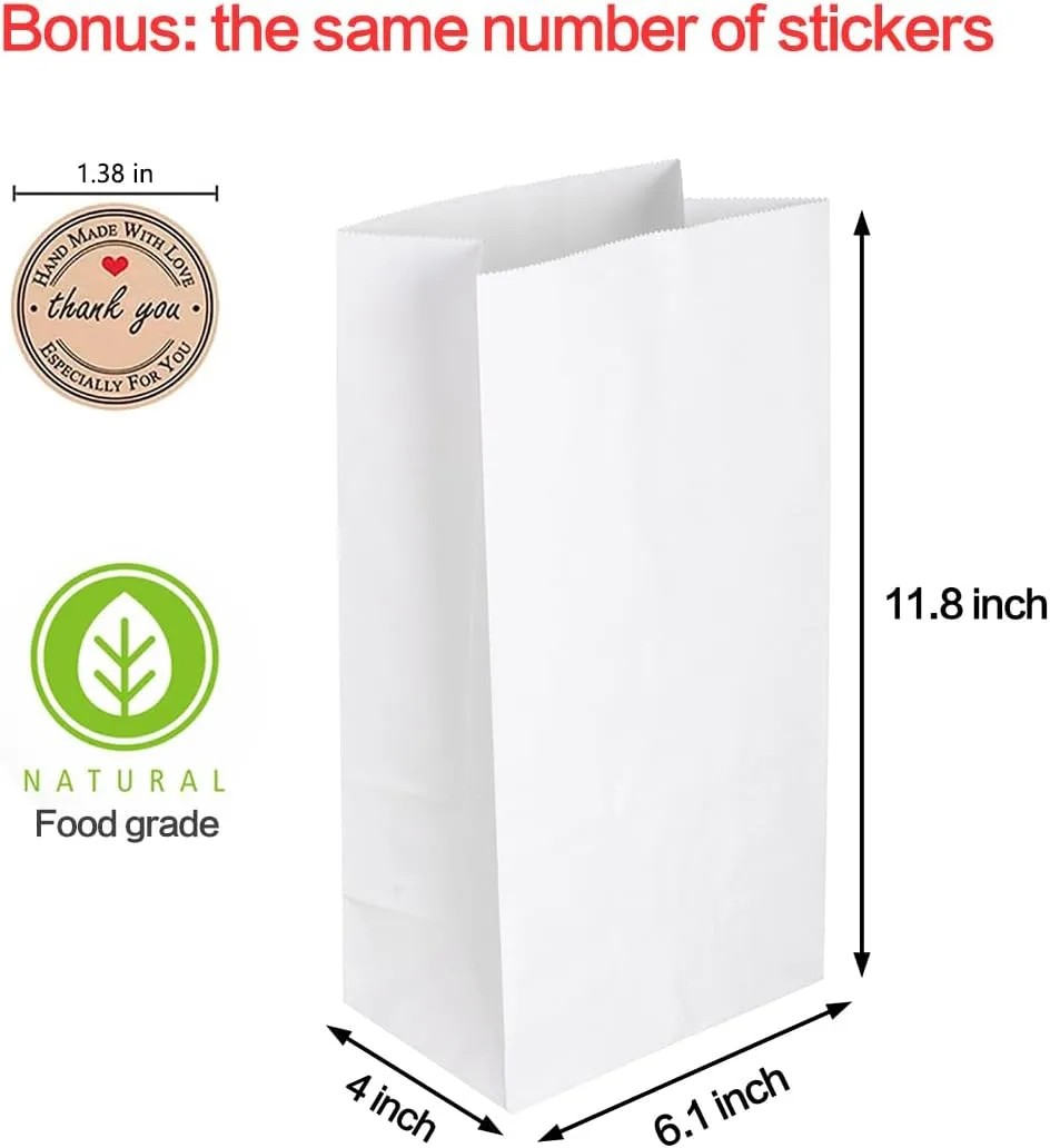 GRANDAN 50 Pack 8 Lb Paper Lunch Bags, Pre-folded 6.1x4x11.8'' Food Grade Recyclable White Kraft Sack Bags for Homemade Food Packing Storage, Bonus Label Seal Stickers