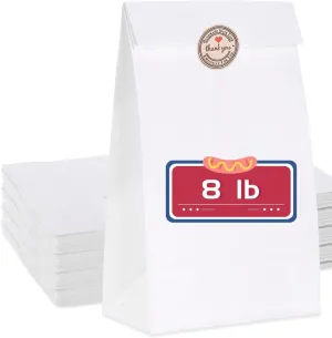 GRANDAN 50 Pack 8 Lb Paper Lunch Bags, Pre-folded 6.1x4x11.8'' Food Grade Recyclable White Kraft Sack Bags for Homemade Food Packing Storage, Bonus Label Seal Stickers