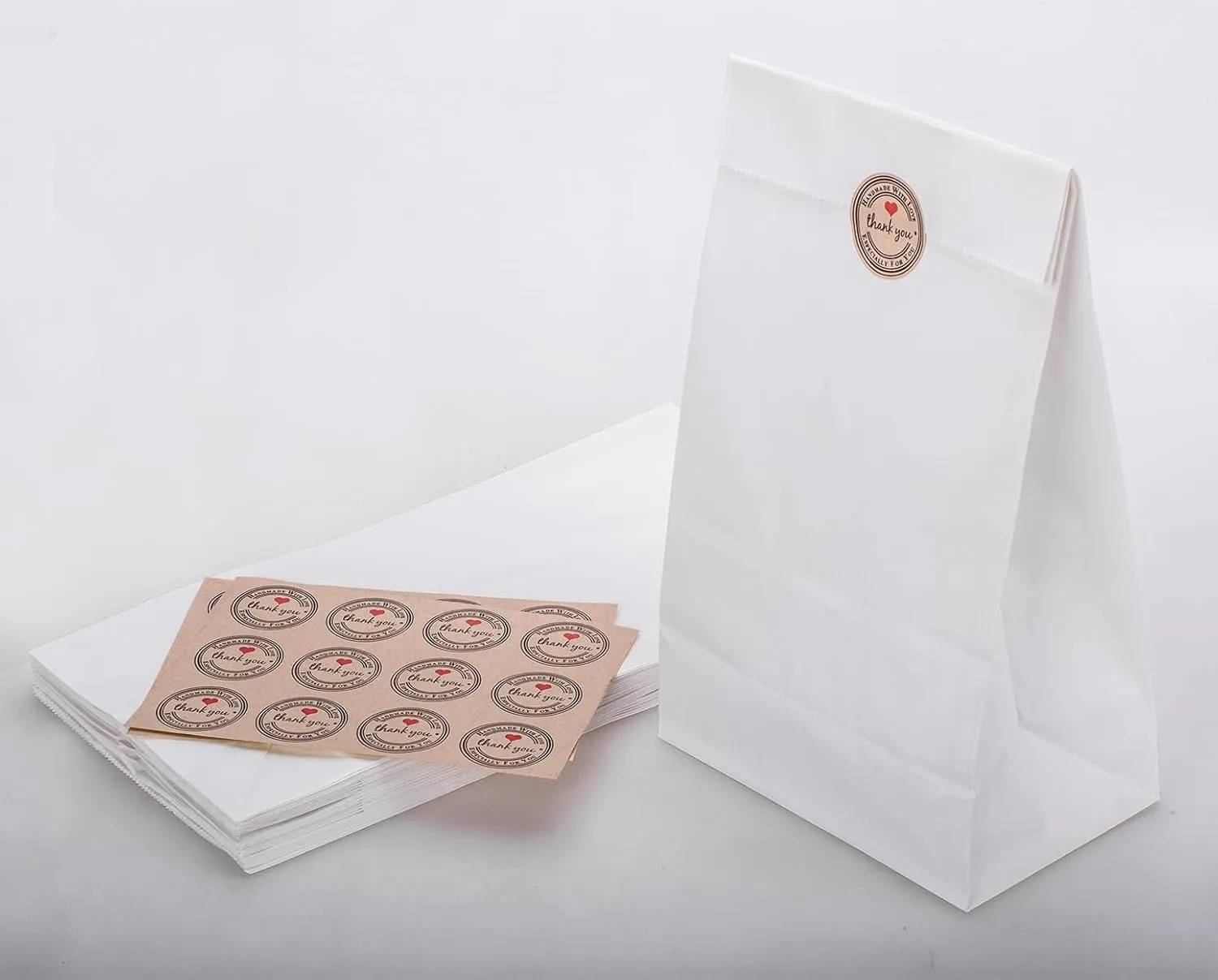 GRANDAN 50 Pack 8 Lb Paper Lunch Bags, Pre-folded 6.1x4x11.8'' Food Grade Recyclable White Kraft Sack Bags for Homemade Food Packing Storage, Bonus Label Seal Stickers