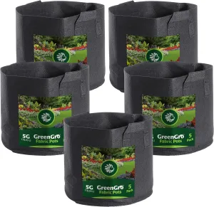 GreenGro 5-Pack 5 Gallon Nonwoven Fabric Grow Bags - Fabric Planting Pots/Great for Vegetables, Herbs, Flowers, Shrubs/Portable for Indoor & Outdoor Plants/Improved Aeration & Drainage