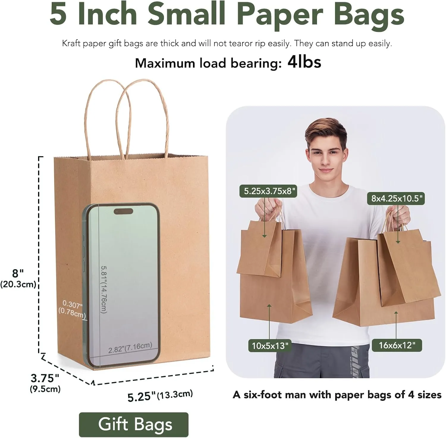 GSSUSA 100 Pack Paper Gift Bags 5.25x3.75x8'' Small Paper Bag with Handles Bulk, Brown Kraft Bag for Small Business, Sturdy Grocery Retail Shopping Birthday Party Favor Craft Bags