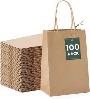 GSSUSA 100 Pack Paper Gift Bags 5.25x3.75x8'' Small Paper Bag with Handles Bulk, Brown Kraft Bag for Small Business, Sturdy Grocery Retail Shopping Birthday Party Favor Craft Bags