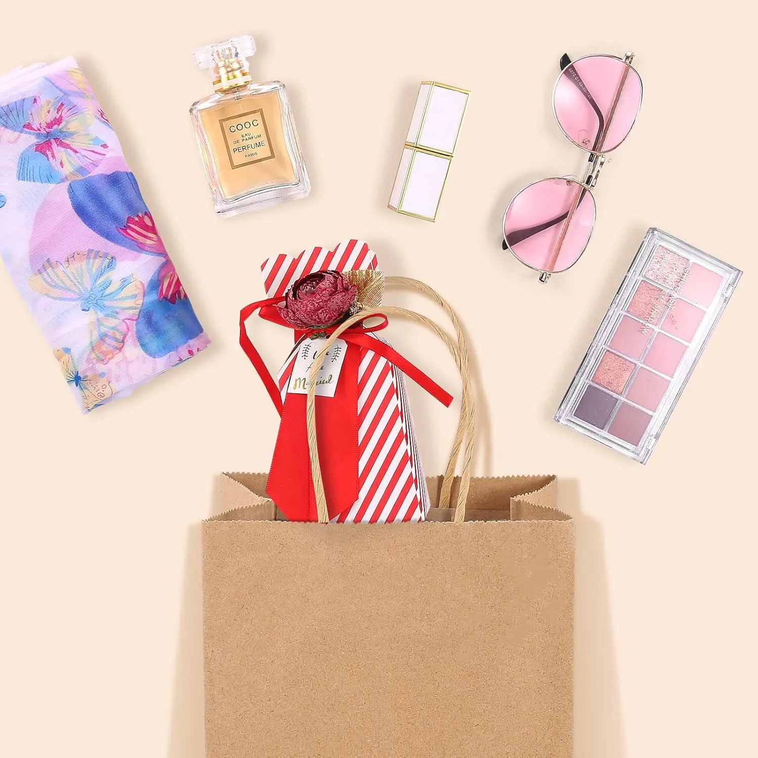 GSSUSA 100 Pack Paper Gift Bags 5.25x3.75x8'' Small Paper Bag with Handles Bulk, Brown Kraft Bag for Small Business, Sturdy Grocery Retail Shopping Birthday Party Favor Craft Bags