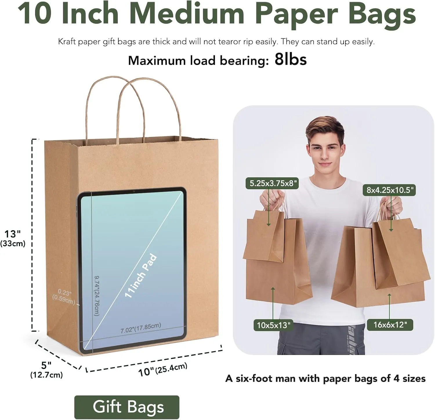 GSSUSA 10x5x13 100Pcs Brown Paper Bags with Handles, Bulk Shopping Grocery Paper Bags, Party Favor, Retail, Small Business, Packaging, Merchandise, Boutique, Wedding