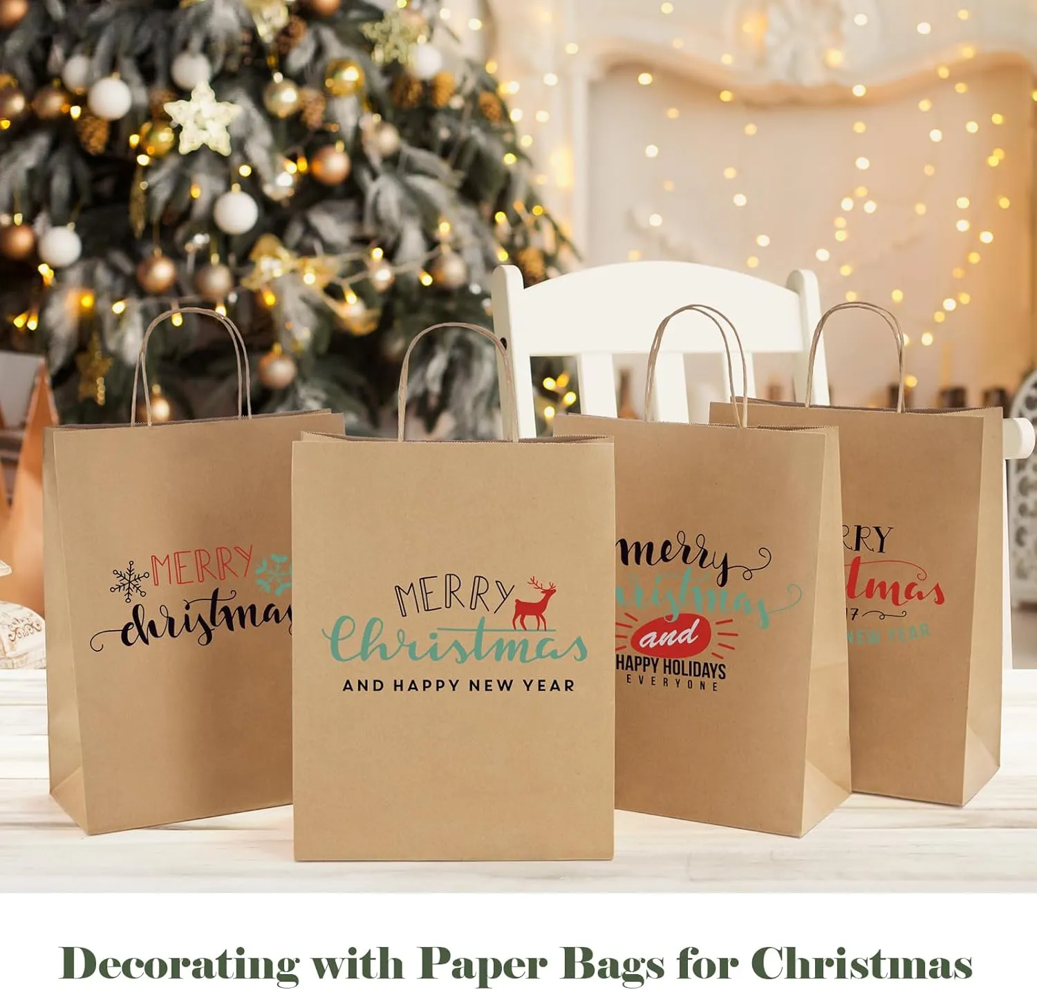 GSSUSA 10x5x13 100Pcs Brown Paper Bags with Handles, Bulk Shopping Grocery Paper Bags, Party Favor, Retail, Small Business, Packaging, Merchandise, Boutique, Wedding