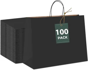 GSSUSA Black Large Gift Bags 16x6x12 100Pcs Sturdy Shopping Bags,Party,Merchandise, Kraft, Retail, Black Paper with Handles