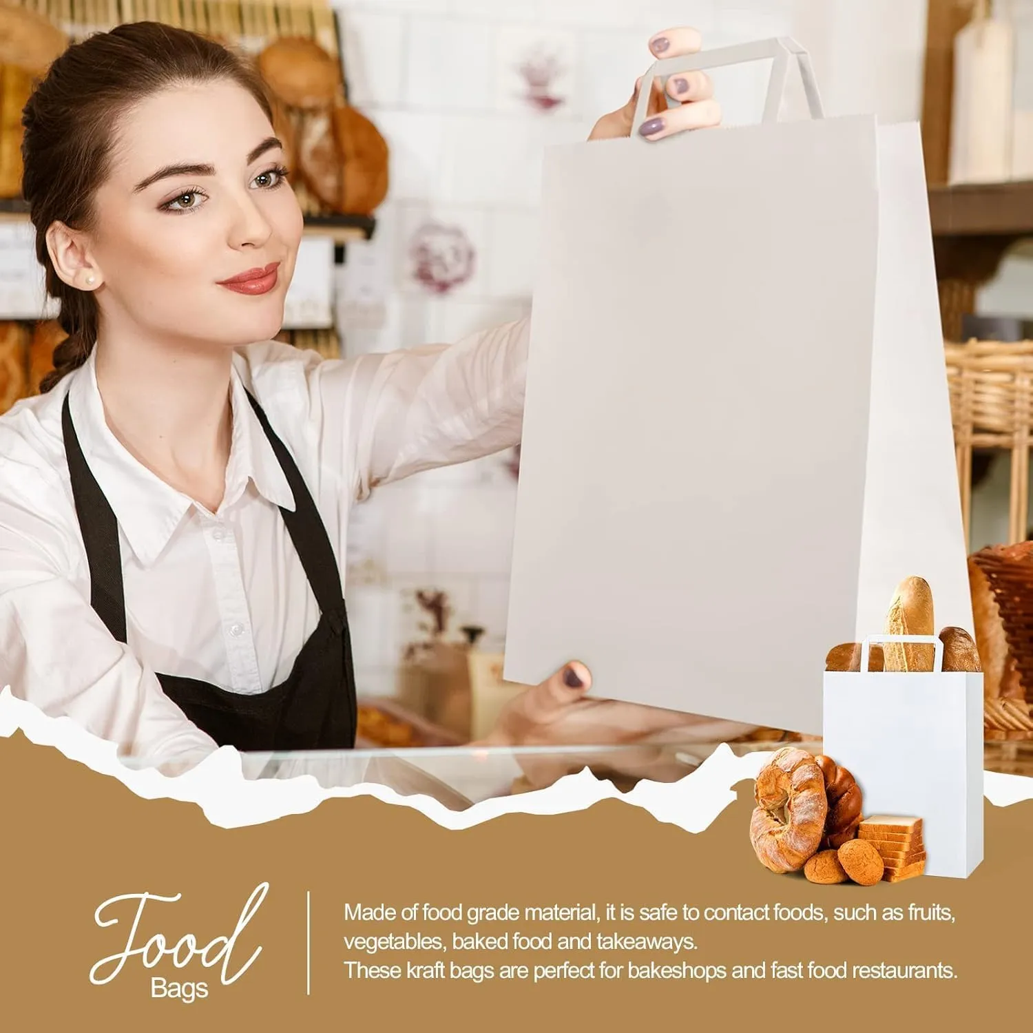 GSSUSA Paper Bags with Handles 10"X5"X13" Gift Bags Medium Size 200 Pack Kraft Paper Bag for Retail Grocery, Take Out Bag (White