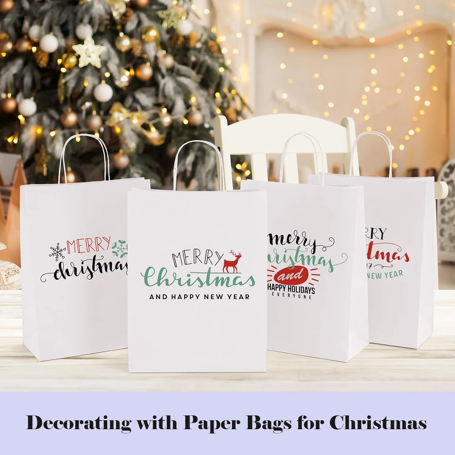 GSSUSA White Kraft Paper Gift Bag with Handles, 10x5x13 Bulk Shopping Grocery Paper Bags 100 Pc, Party Favor, Retail, Small Business, Packaging, Mother's Day, Merchandise, Boutique, Wedding