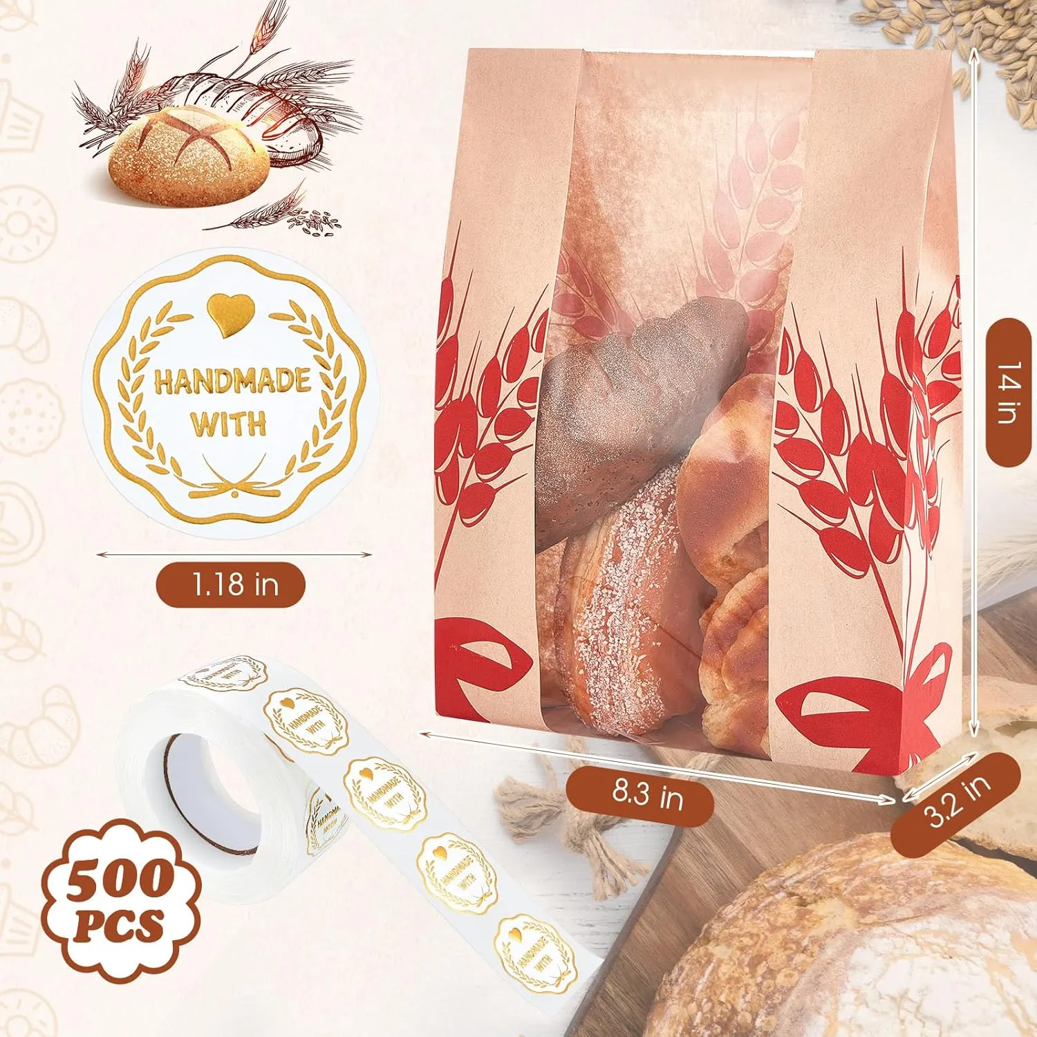 Gueevin 300 Pcs Kraft Paper Bread Loaf Bag with Clear Window Large Paper Bread Bags for Homemade Bakery Food Packaging Storage with 500 Pcs Stickers for Sourdough Popcorn Cookies, 14 x 8.3 x 3.2 in
