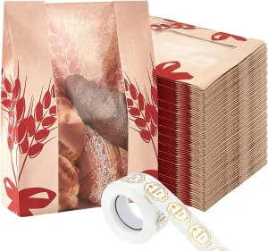 Gueevin 300 Pcs Kraft Paper Bread Loaf Bag with Clear Window Large Paper Bread Bags for Homemade Bakery Food Packaging Storage with 500 Pcs Stickers for Sourdough Popcorn Cookies, 14 x 8.3 x 3.2 in