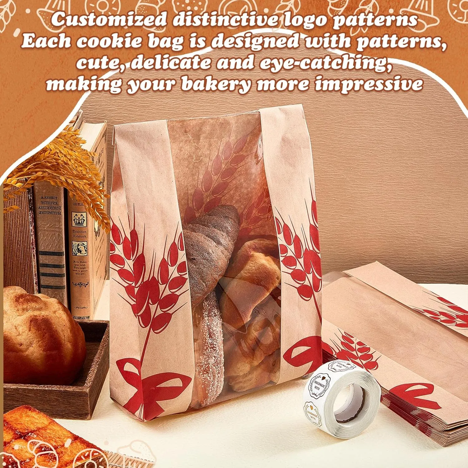 Gueevin Kraft Paper Bread Loaf Bag with Clear Window Large Paper Bread Bags for Homemade Bakery Food Packaging Storage with 500 Pcs Stickers for Sourdough Popcorn Cookies, 14 x 8.3 x 3.2 in (500 Pcs)