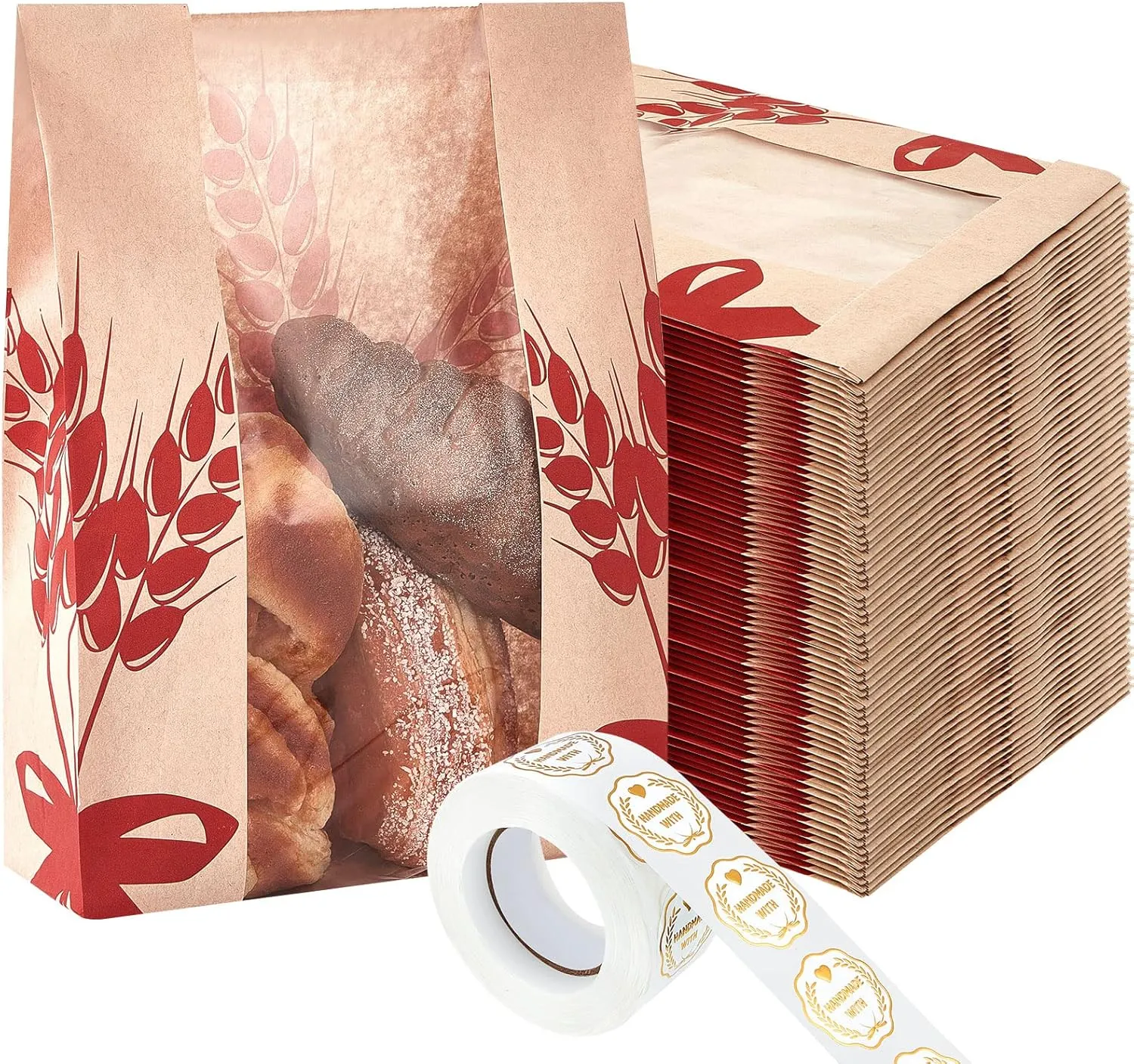 Gueevin Kraft Paper Bread Loaf Bag with Clear Window Large Paper Bread Bags for Homemade Bakery Food Packaging Storage with 500 Pcs Stickers for Sourdough Popcorn Cookies, 14 x 8.3 x 3.2 in (500 Pcs)