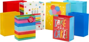 Hallmark Assorted Birthday Gift Bags (8 Bags: 4 Medium 9", 4 Large 13") Birthday Cake, Stripes, Balloons, Solids in Red, Yellow, Blue